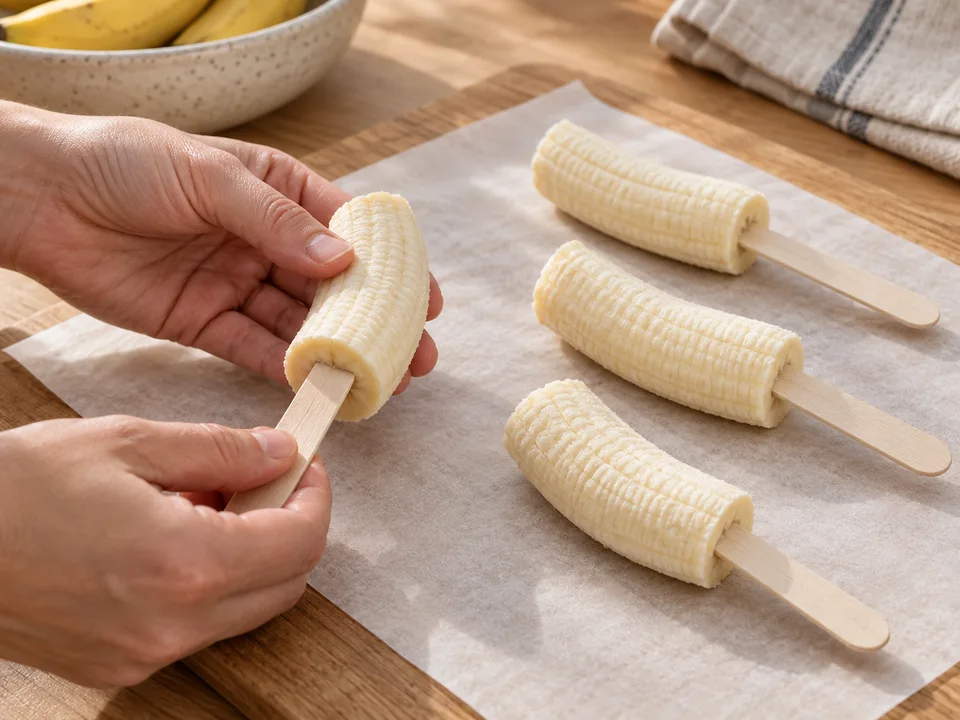 Die Holzstiele vorsichtig in die Schnittflächen der halbierten Bananen schieben.