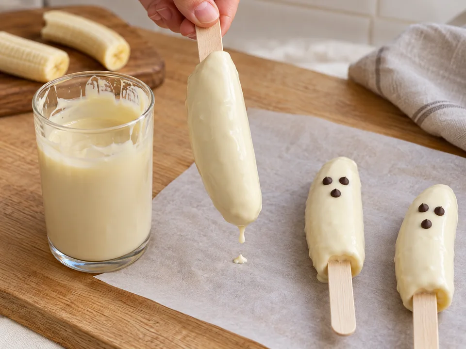 Die gefrorenen Bananen dünn überziehen und sofort zwei Augen und einen Mund aufsetzen.