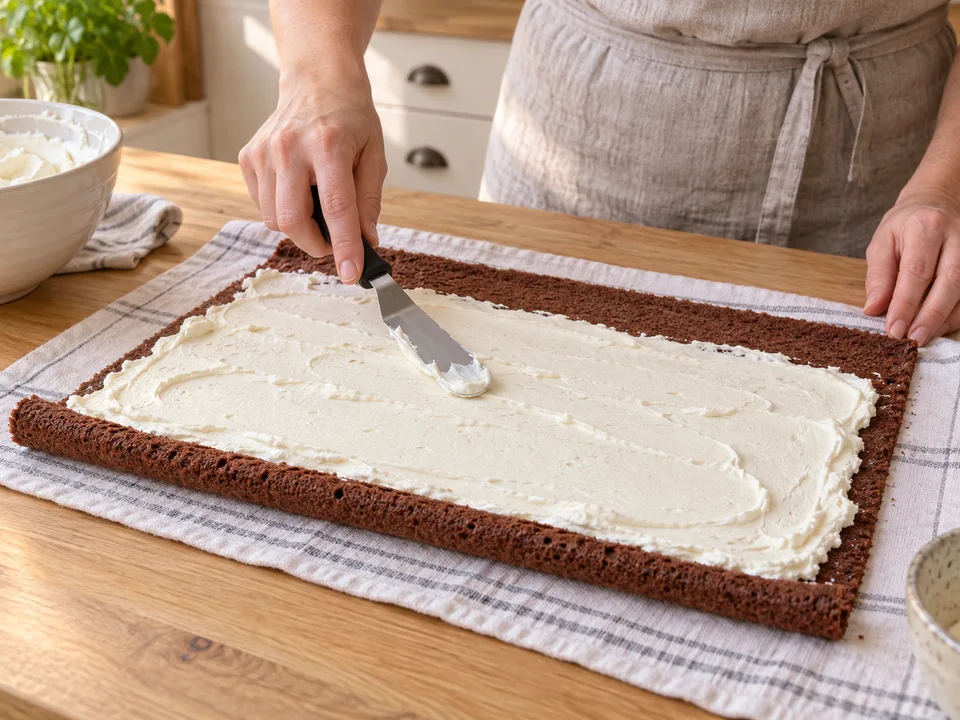 Die abgekühlte Rolle vorsichtig öffnen und mit Creme bestreichen; an einer langen Kante 2 cm frei lassen.