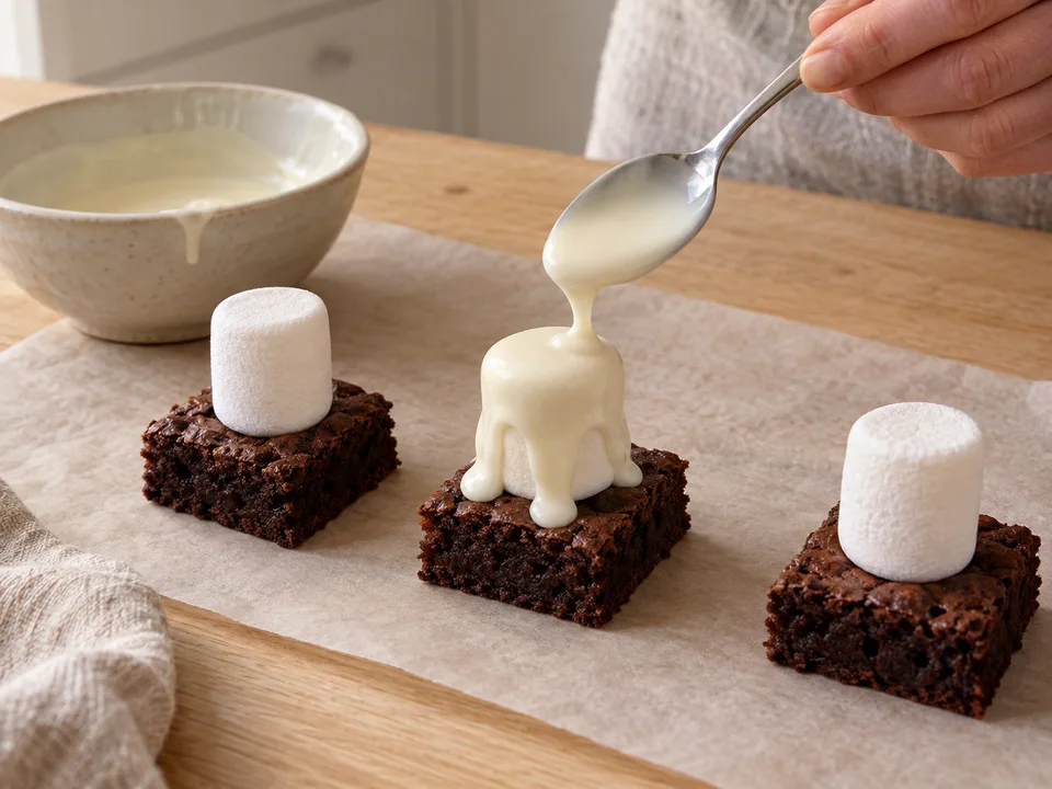 Marshmallows auf den kalten Brownies befestigen und weiße Glasur mit einem kleinen Geistersaum darüberlaufen lassen.