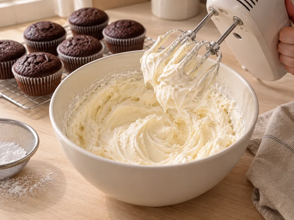 Die Butter sehr hell aufschlagen und Puderzucker portionsweise zu einer glatten cremeweißen Buttercreme einarbeiten.