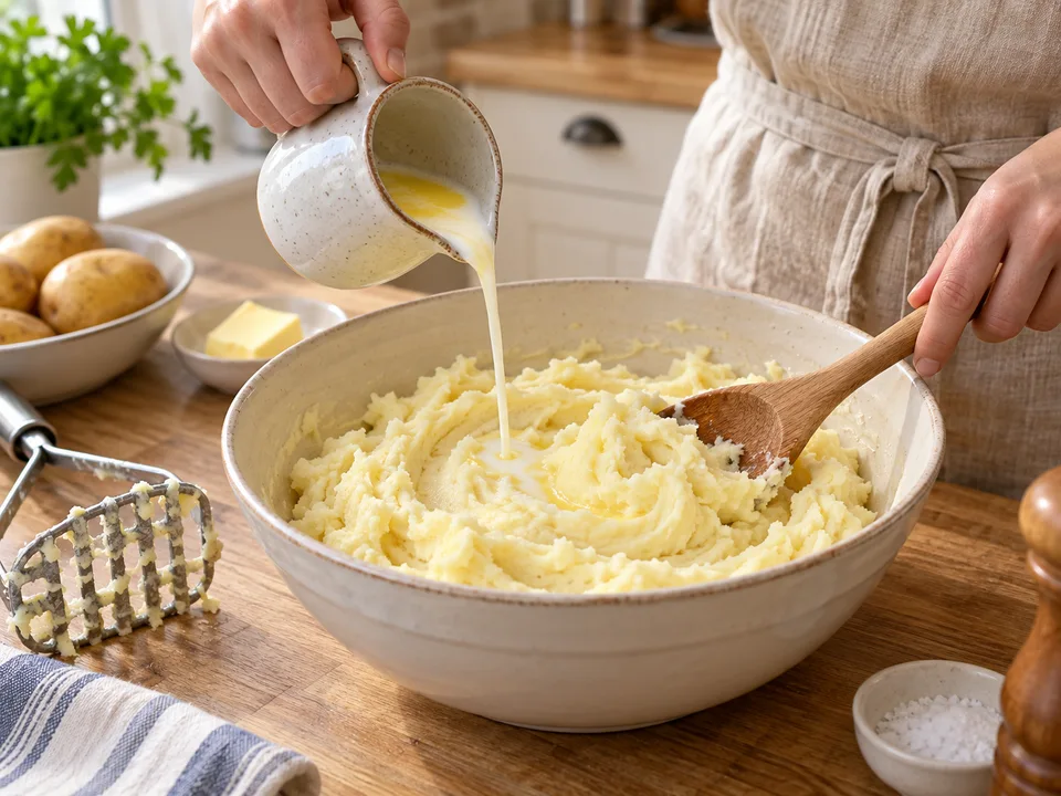 Die warme Milch-Butter-Mischung portionsweise unterrühren, bis das Püree glatt und standfest ist.