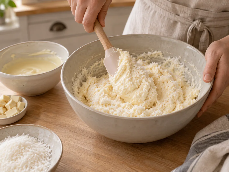 Die lauwarme Kuvertüre zunächst mit wenig Quark angleichen und danach mit Kokosraspeln vermengen.
