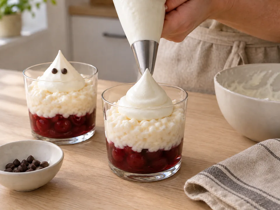 Auf den vollständig kalten Milchreis einen spitz zulaufenden Sahnegeist spritzen und zwei Schokodrops einsetzen.