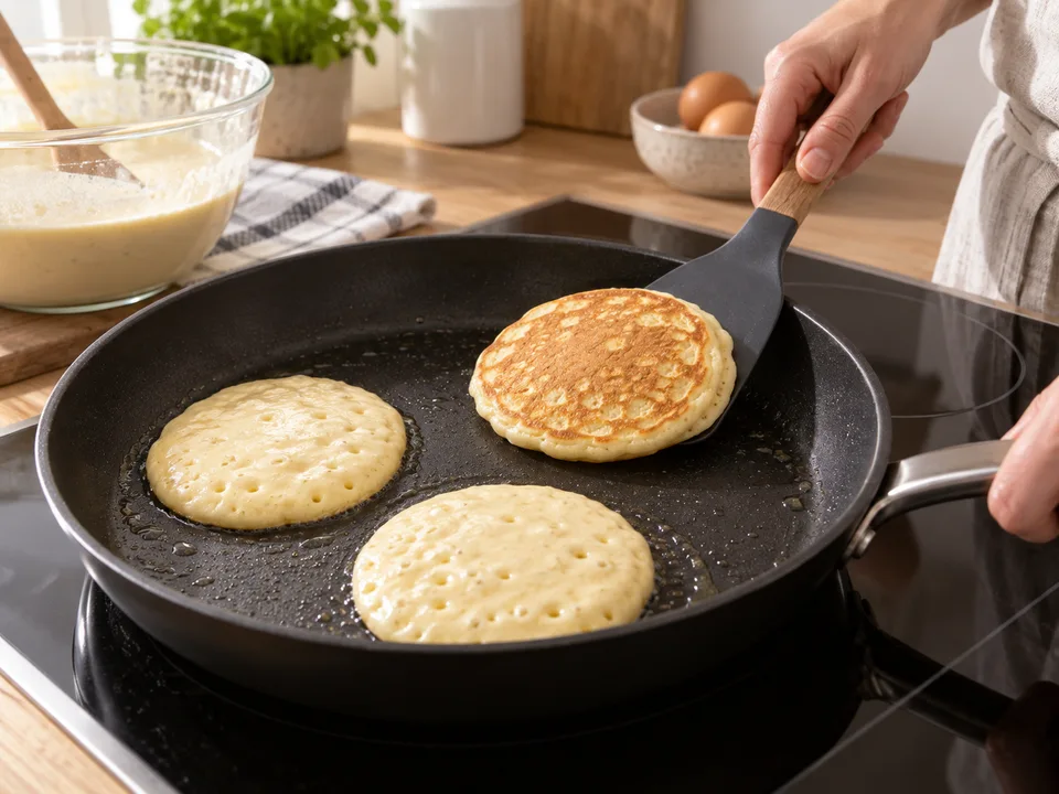 Die runden Pancakes bei mittlerer Hitze backen und wenden, sobald Bläschen entstehen und die Ränder fest werden.