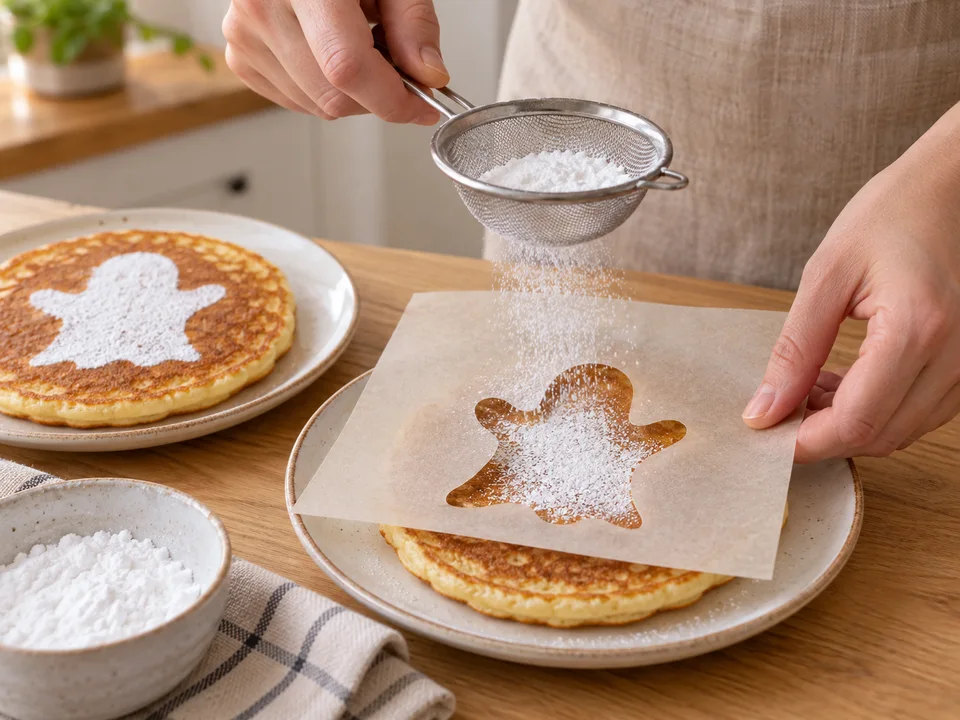 Durch die Geisteröffnung der Schablone wenig Puderzucker auf den kurz ausgedampften Pancake sieben.