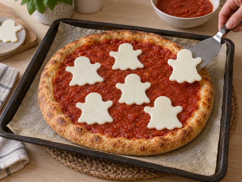Die Pizza zuerst mit Tomatensauce vorbacken. Erst gegen Ende die sechs Mozzarellageister auflegen und kurz weich werden lassen.
