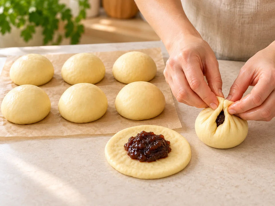 Acht gefüllte Knödel dicht schließen