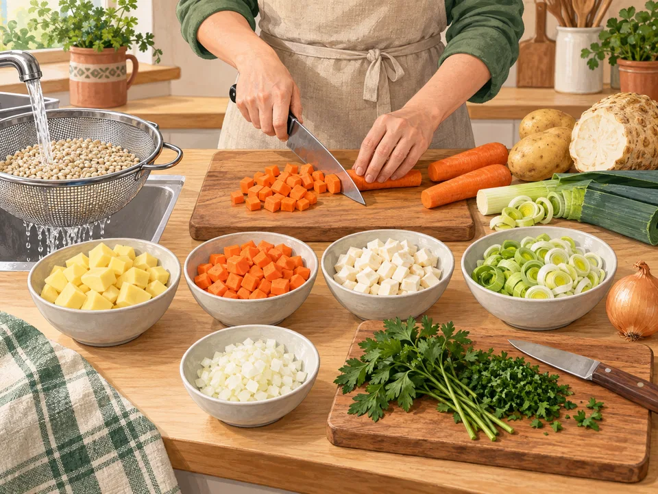 Das Gemüse für die Suppe klein schneiden.