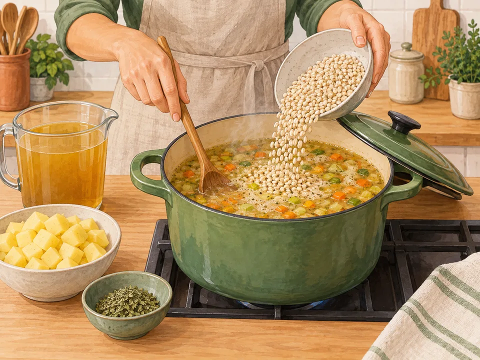 Die Graupen in die Gemüsebrühe geben und mit den Kartoffeln kochen.