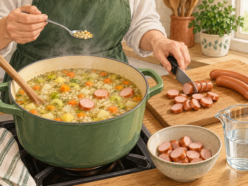 Würstchenscheiben in der Suppe erwärmen.