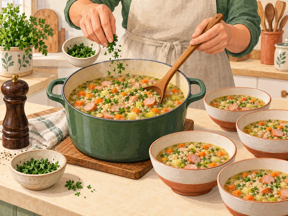 Die Graupensuppe abschmecken und in Schalen verteilen.