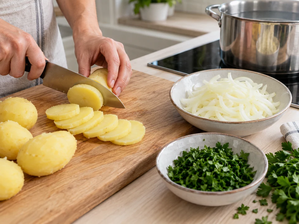 Gekochte Kartoffeln und Zwiebeln schneiden