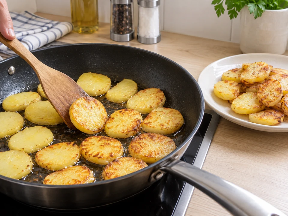 Kartoffelscheiben in zwei Portionen goldbraun braten