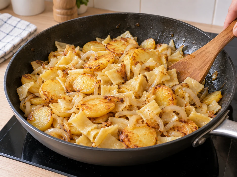 Zwiebeln, Nudeln und Kartoffeln gemeinsam braten