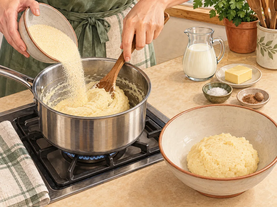 Grieß mit Milch und Butter im Topf zu einer festen Masse rühren.