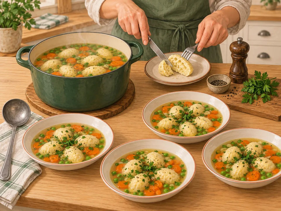 Ein Klößchen zur Garprobe öffnen und die Suppe anrichten.