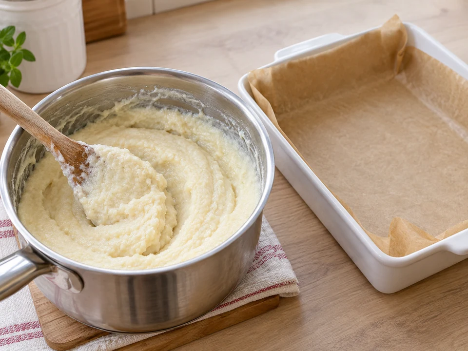Grieß unter Rühren zu einem sehr festen Brei kochen.