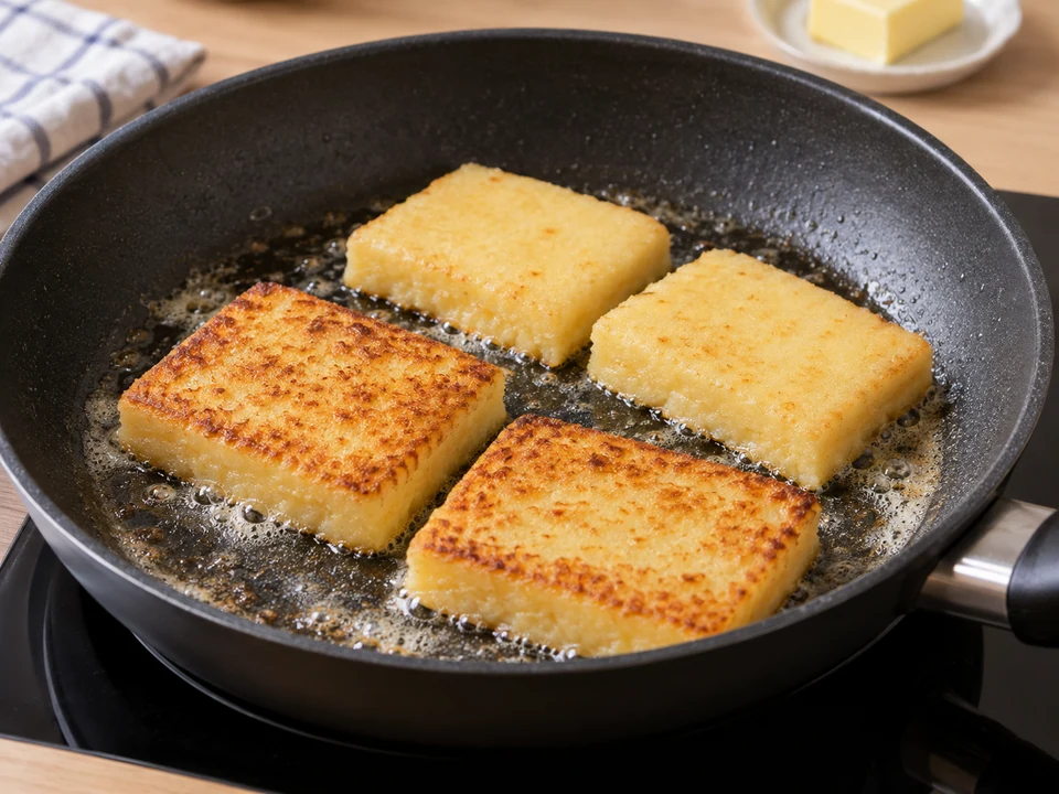 Feste Grießrechtecke portionsweise goldbraun braten.