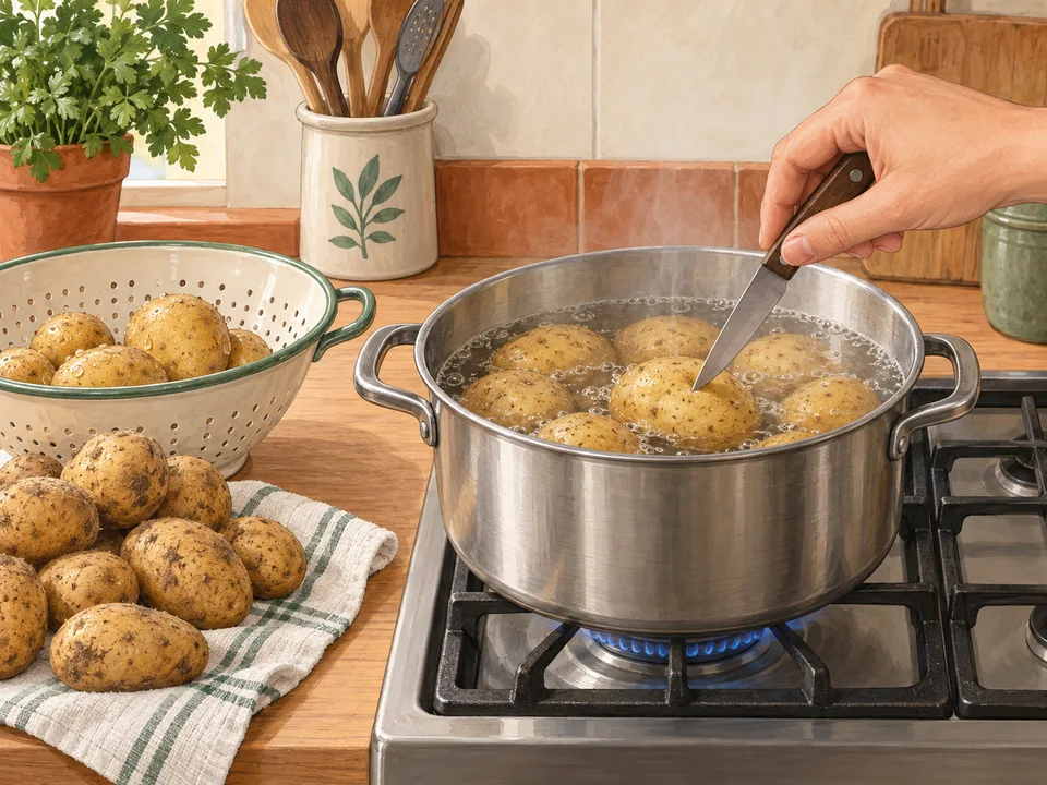 Die ungeschälten Kartoffeln im Topf kochen.