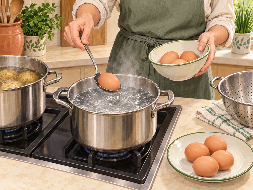 Eier im Wasser kochen und zum Abkühlen herausnehmen.