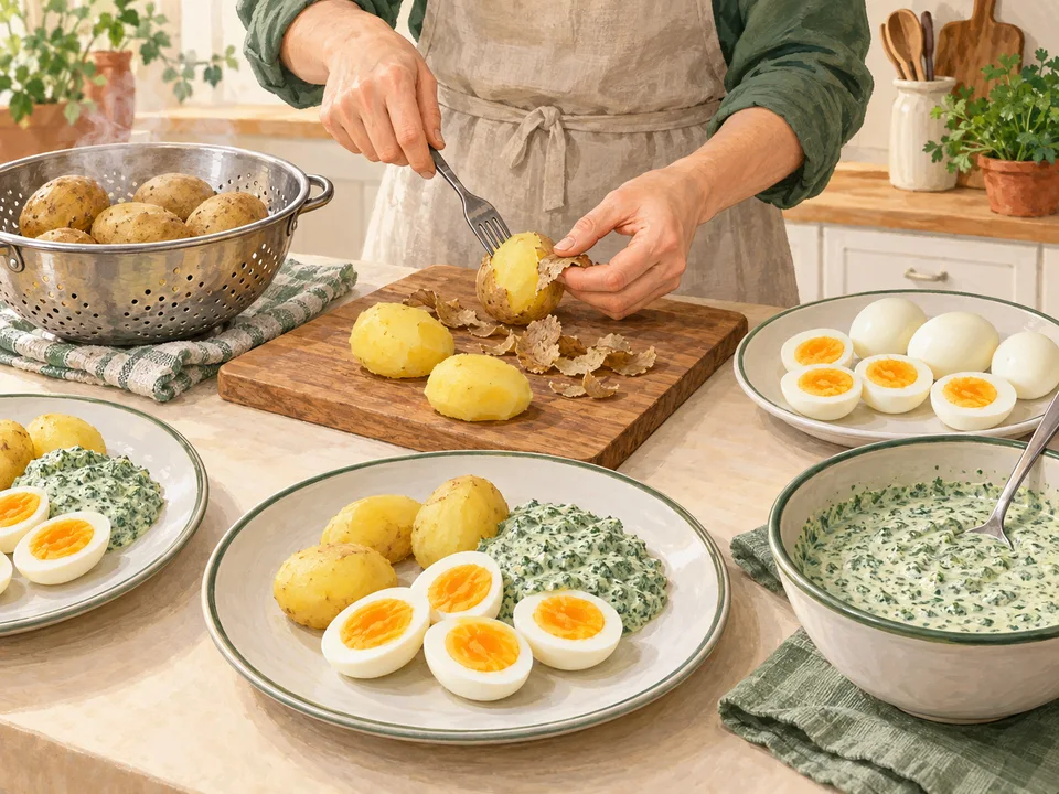 Kartoffeln pellen und mit Eiern und grüner Sauce anrichten.