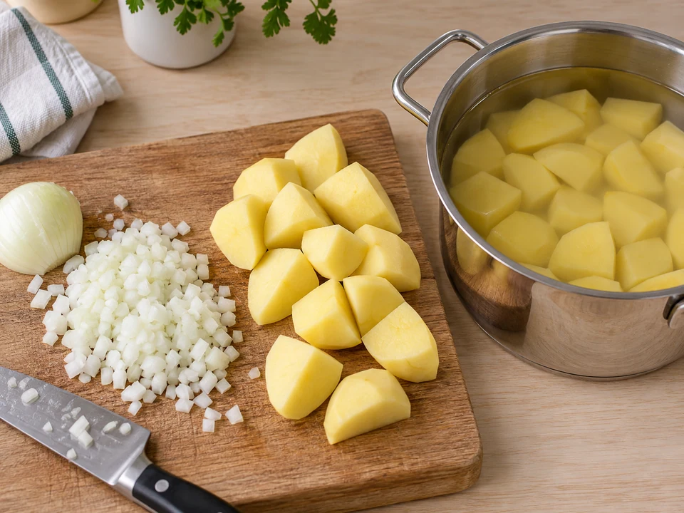 Zwiebel fein würfeln und die Kartoffeln gleichmäßig schneiden.