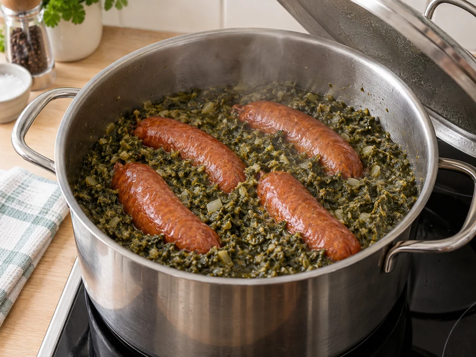 Die Mettenden auf dem sanft köchelnden Grünkohl erhitzen.