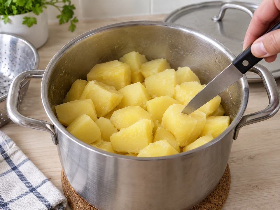 Die Kartoffeln weich kochen und vollständig abgießen.