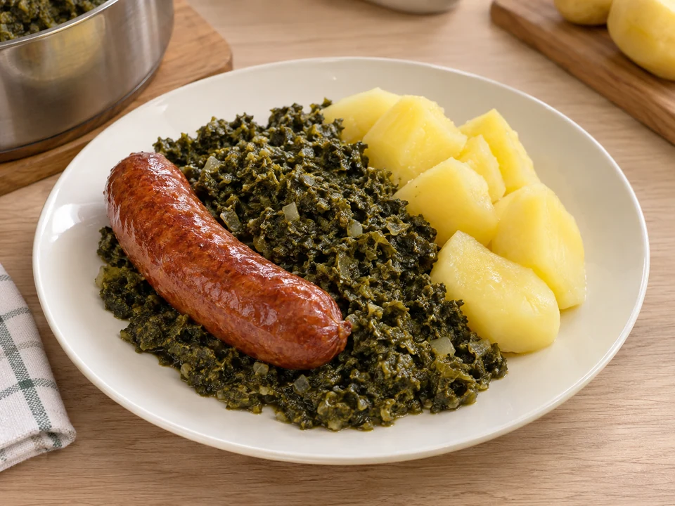 Pro Portion eine Mettende mit Grünkohl und Kartoffeln anrichten.