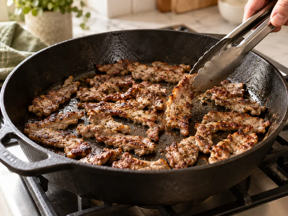 Nur eine lockere Fleischlage braten, damit die Streifen bräunen und nicht in austretendem Saft dünsten.