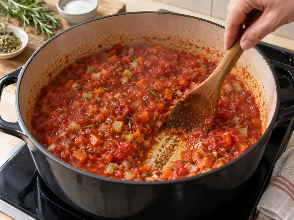 Gemüse, Tomaten und Kräuter zur Schmorgrundlage verbinden.