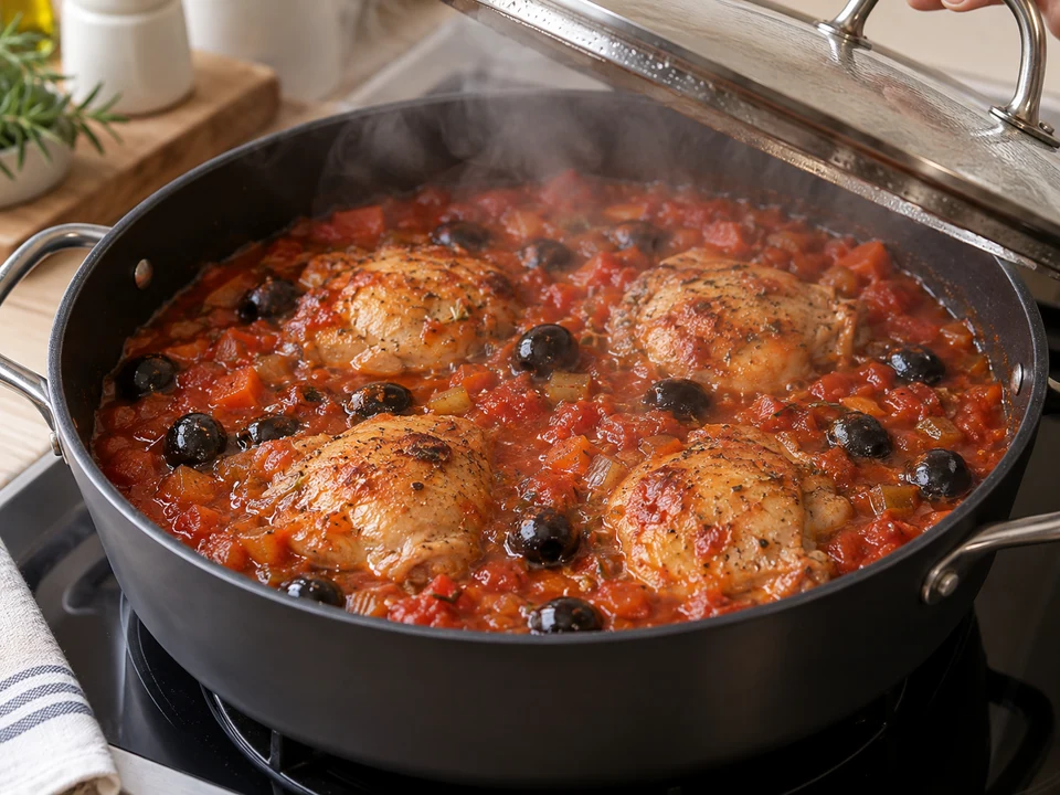Hähnchen und Oliven in der Tomatensauce schmoren.