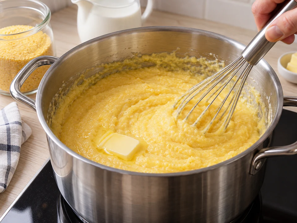 Maisgrieß langsam einrühren und zu cremiger Polenta garen.
