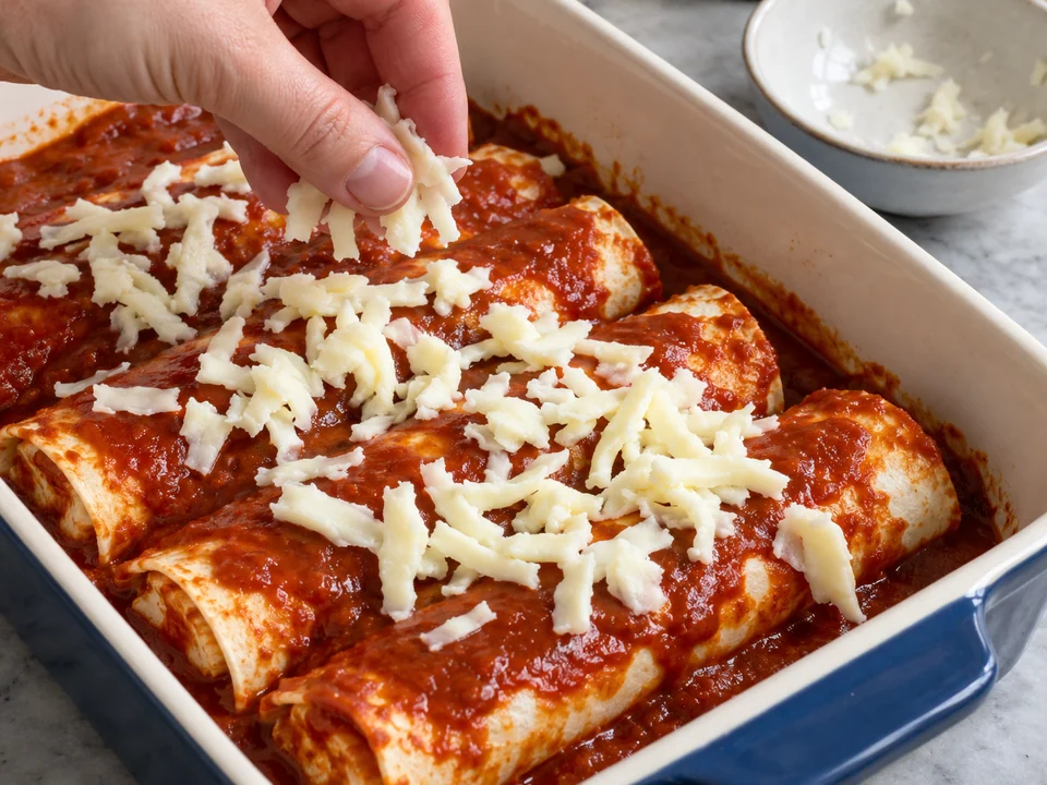 Mit Sauce und Käse bedecken