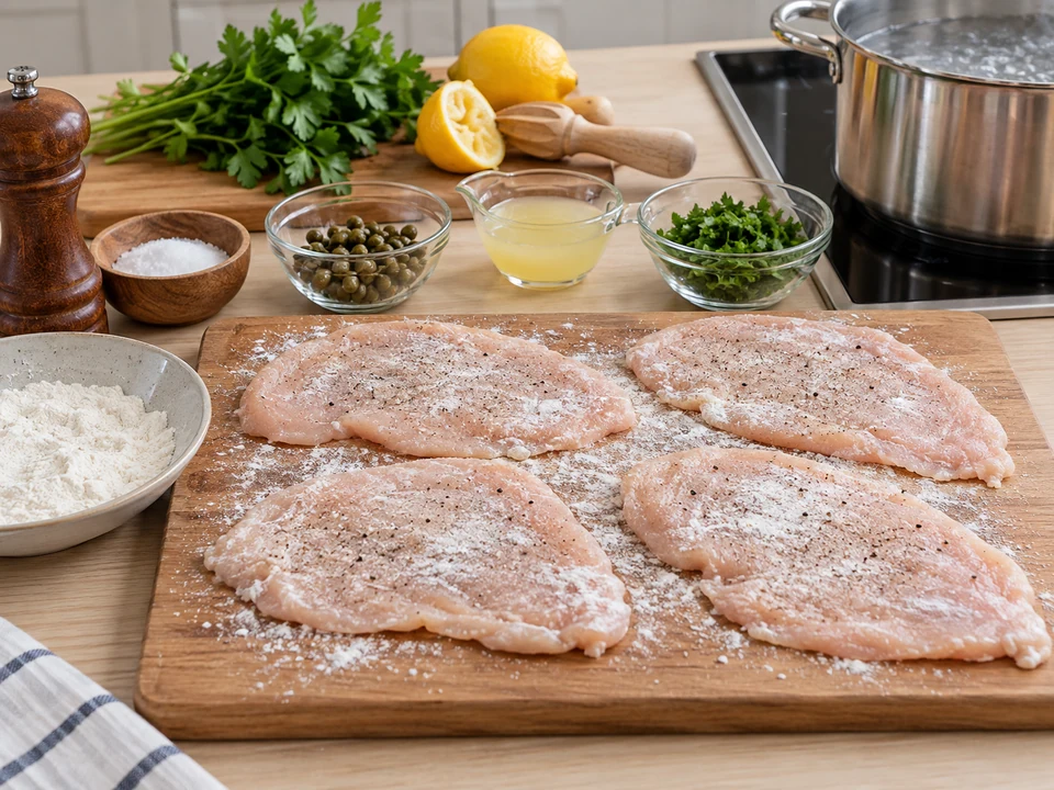 Vier gleichmäßig dünne Hähnchenschnitzel vorbereiten.