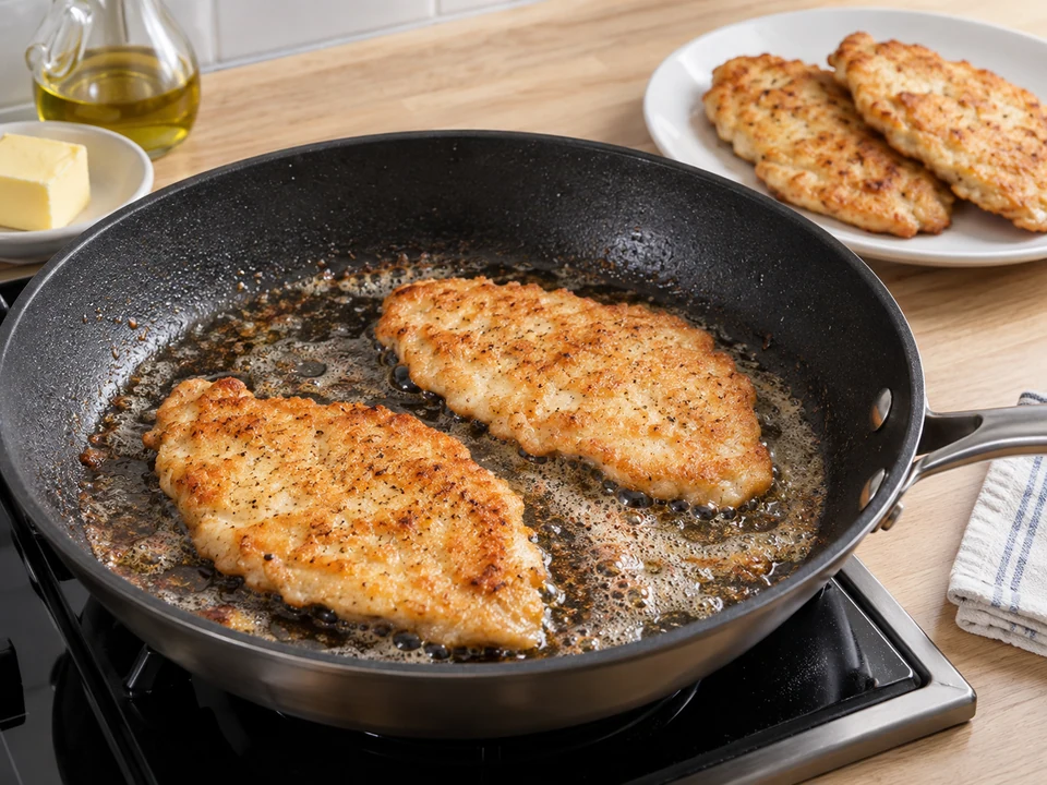 Die Schnitzel portionsweise anbraten.