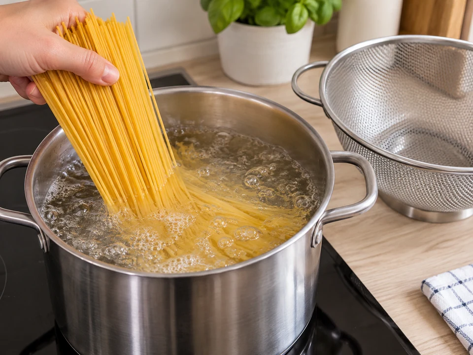 Die Spaghetti bissfest kochen und abgießen.