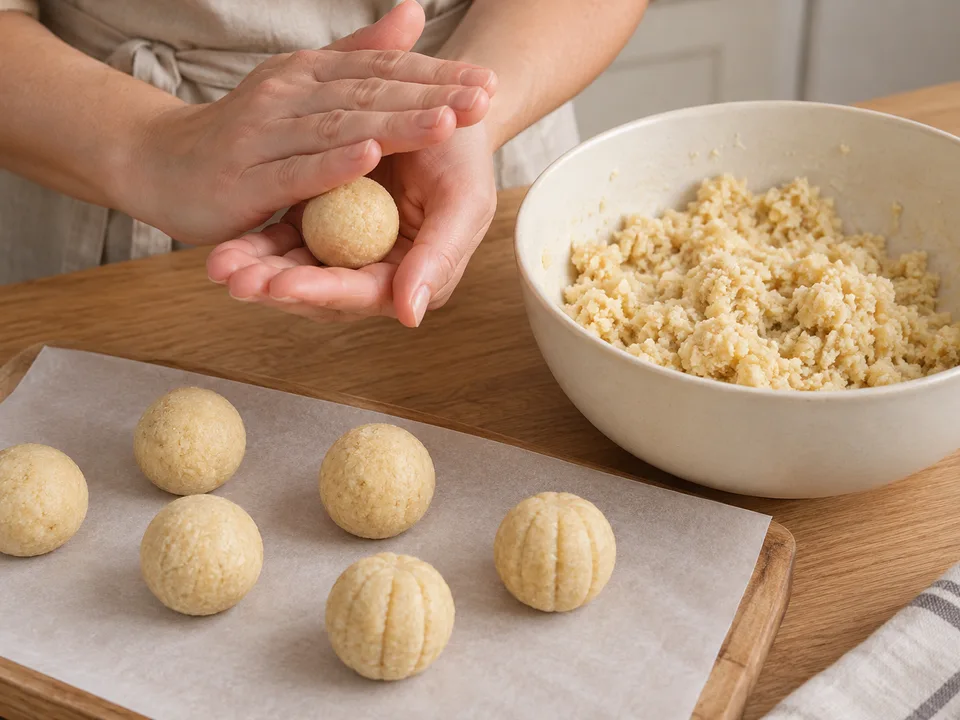 Die formbare Kuchen-Frischkäse-Masse in gleich große Kugeln teilen; für Kürbisse flache senkrechte Rillen eindrücken.