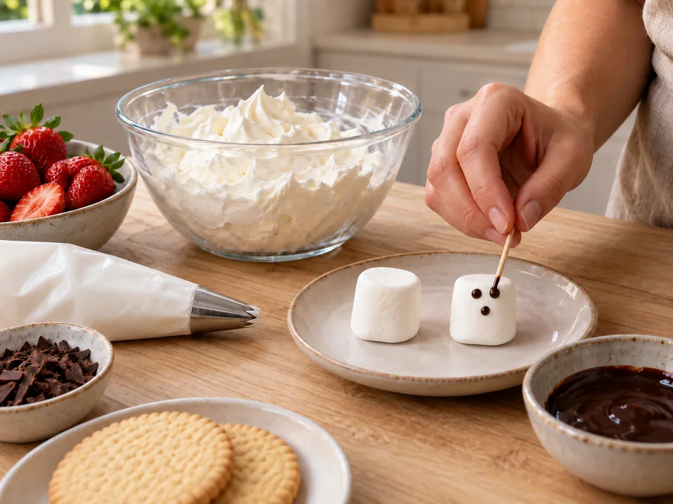 Marshmallows mit kleinen Schokosaucen-Punkten verzieren; die Zuckeraugen bleiben für die Sahne reserviert.