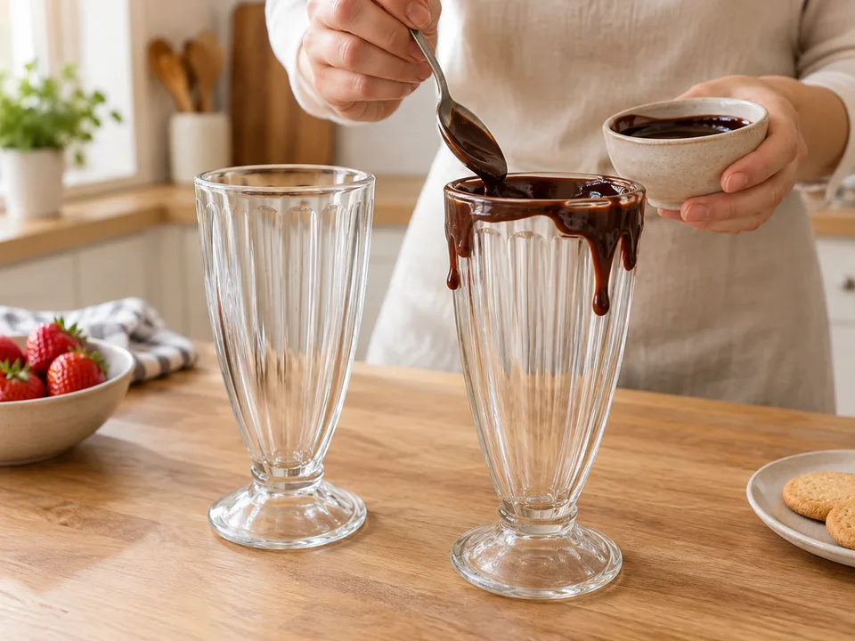 Dickflüssige Schokosauce innen am Glasrand verteilen und wenige Tropfen außen herunterlaufen lassen.