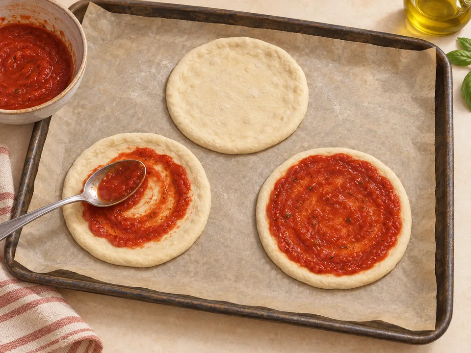 Die kleinen Böden flach drücken und dünn mit Sauce bestreichen.