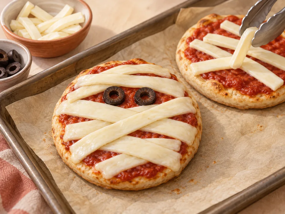 Mozzarellastreifen als Binden legen und einen Spalt für zwei Olivenaugen lassen.