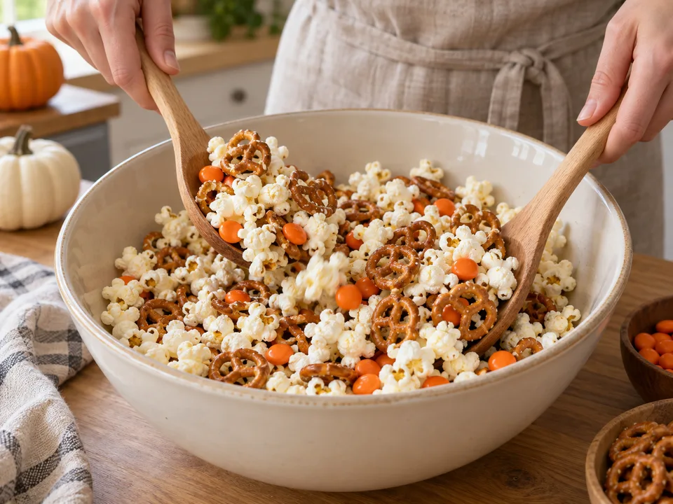 Brezeln und einen Teil der orangefarbenen Schokolinsen mit zwei großen Löffeln vorsichtig unter das Popcorn heben.