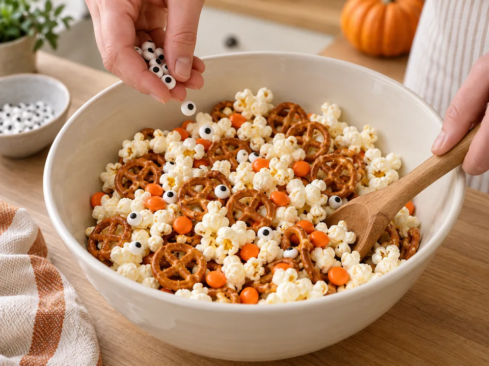 Die Zuckeraugen locker unter den trockenen Popcorn-Mix mischen.