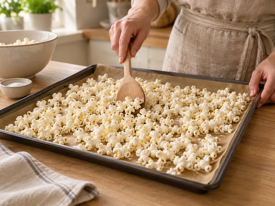 Das fertige Popcorn nach dem Aussortieren harter Körner möglichst flach auf Backpapier verteilen.