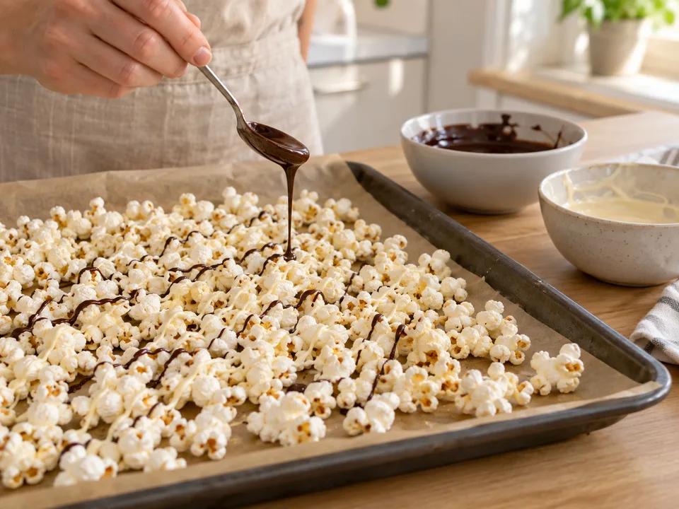 Weiße Glasur und dunkle Schokolade in dünnen Linien darüberziehen, sodass Popcorn sichtbar bleibt.
