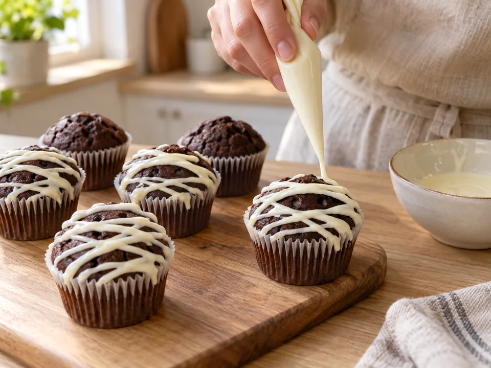 Die dickflüssige weiße Glasur in schmalen Streifen über kalte Muffins ziehen und einen Augenspalt frei lassen.