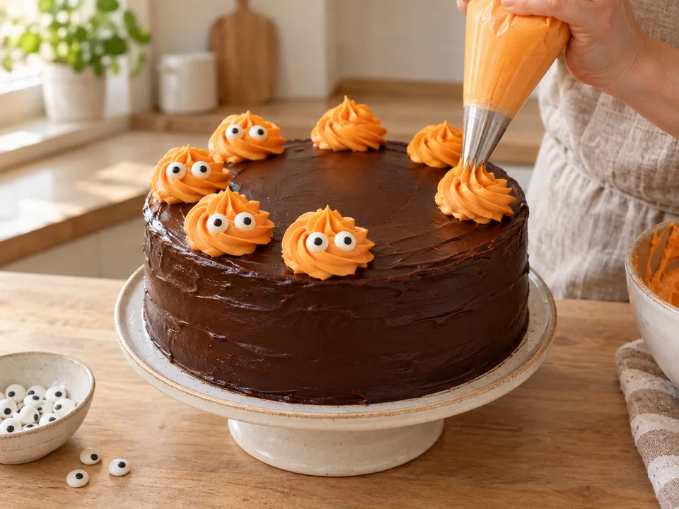Acht große orange Rosetten am Tortenrand aufspritzen und später je zwei Zuckeraugen einsetzen.