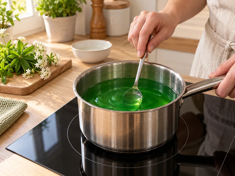 Götterspeise unter Rühren erwärmen, bis sich alles gelöst hat; die Flüssigkeit nicht kochen lassen.